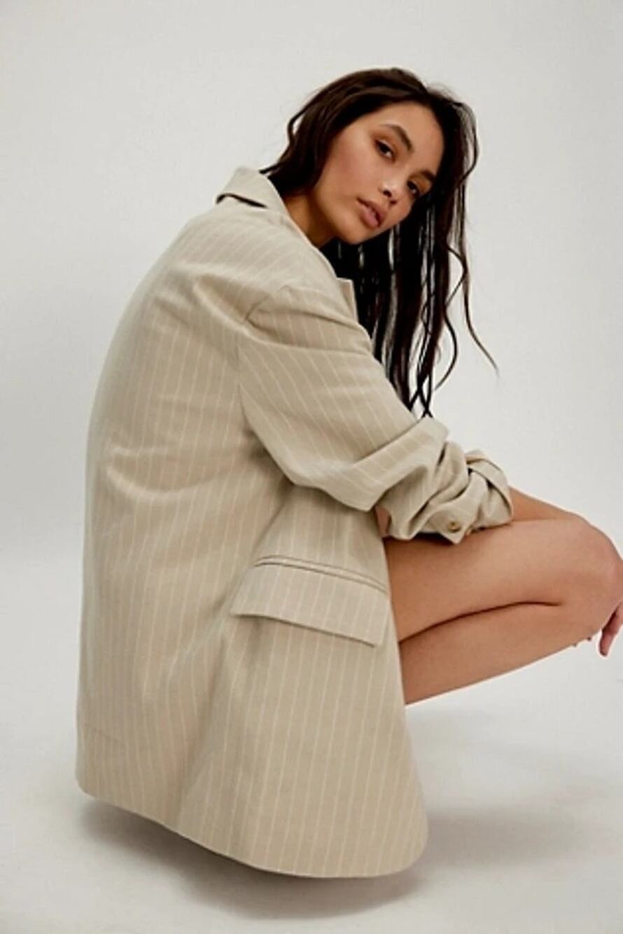 Free People Oversized Layering Menswear Reggie Blazer Khaki Stripe Medium Preppy